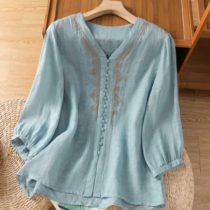 Chemise femme à col en V, broderie décontractée, à un bouton et manches courtes, ornée de Buddha Stones - Bleu ciel - US8-10，UK/AU12-14，EU40-42 (2XL) - image 0