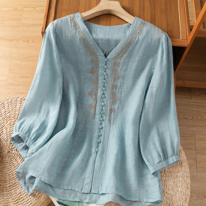 Chemise femme à col en V, broderie décontractée, à un bouton et manches courtes, ornée de Buddha Stones - Bleu ciel - US8-10，UK/AU12-14，EU40-42 (2XL) - image 0