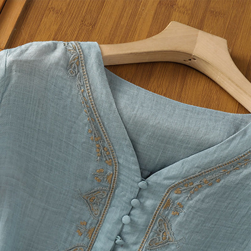 Chemise femme à col en V, broderie décontractée, à un bouton et manches courtes, ornée de Buddha Stones - image 6