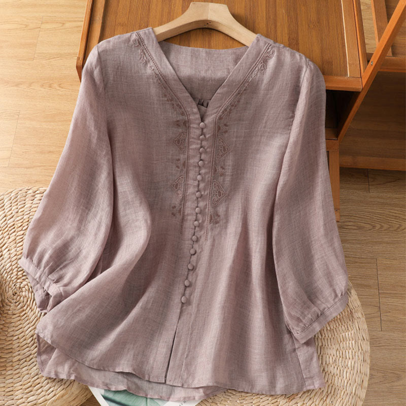 Chemise décontractée à simple boutonnage et col en V pour femme, en polyester, avec broderie Buddha Stones - Chardon - US8-10，UK/AU12-14，EU40-42 (2XL) - image 10