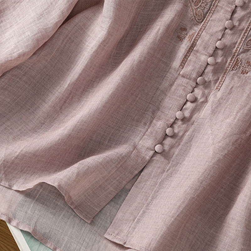 Chemise femme à col en V, broderie décontractée, à un bouton et manches courtes, ornée de Buddha Stones - image 17