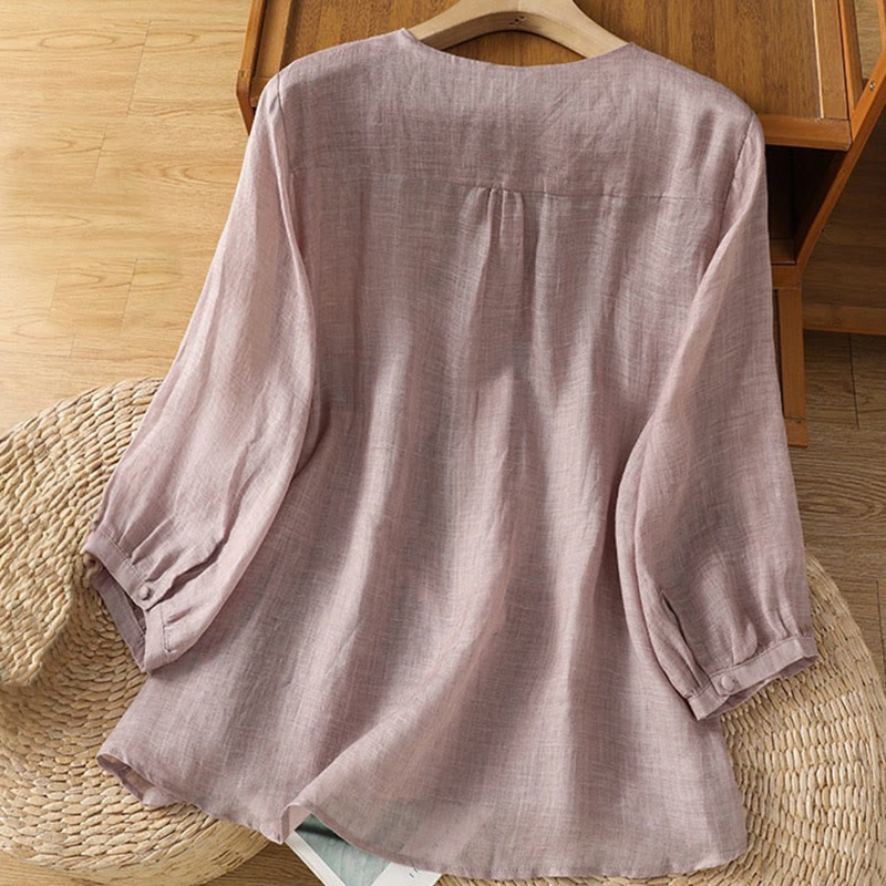 Chemise femme à col en V, broderie décontractée, à un bouton et manches courtes, ornée de Buddha Stones - image 11