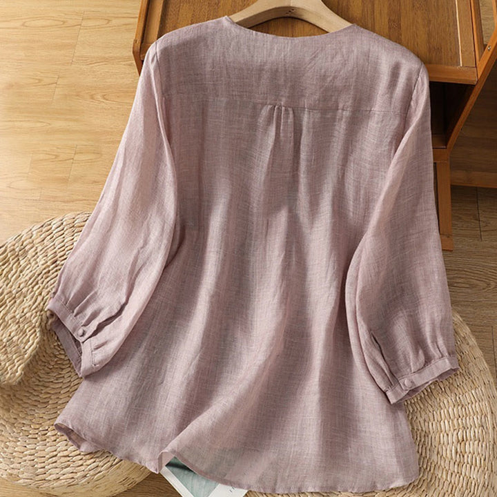 Chemise femme à col en V, broderie décontractée, à un bouton et manches courtes, ornée de Buddha Stones - image 11