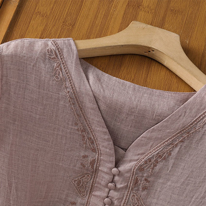 Chemise femme à col en V, broderie décontractée, à un bouton et manches courtes, ornée de Buddha Stones - image 14
