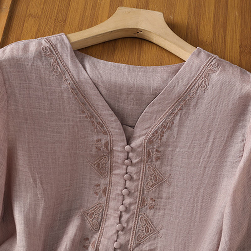 Chemise femme à col en V, broderie décontractée, à un bouton et manches courtes, ornée de Buddha Stones - image 18