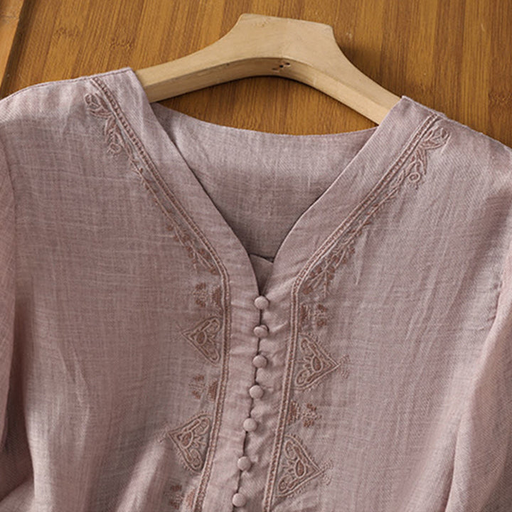 Chemise femme à col en V, broderie décontractée, à un bouton et manches courtes, ornée de Buddha Stones - image 18