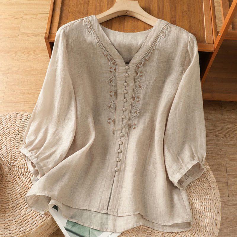 Chemise femme à col en V, broderie décontractée, à un bouton et manches courtes, ornée de Buddha Stones - Beige - US8-10，UK/AU12-14，EU40-42 (2XL) - image 19