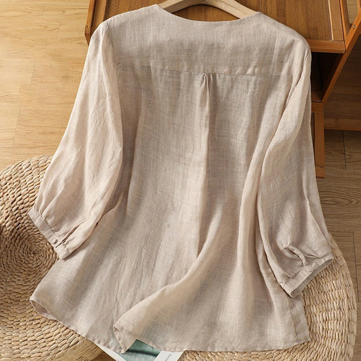 Chemise femme à col en V, broderie décontractée, à un bouton et manches courtes, ornée de Buddha Stones - image 20