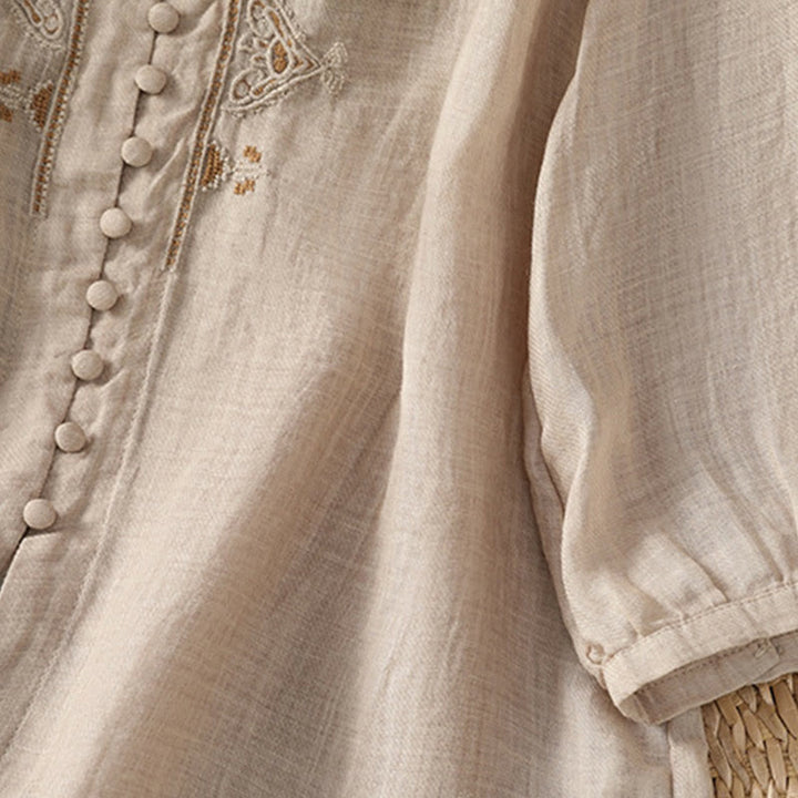 Chemise femme à col en V, broderie décontractée, à un bouton et manches courtes, ornée de Buddha Stones - image 23