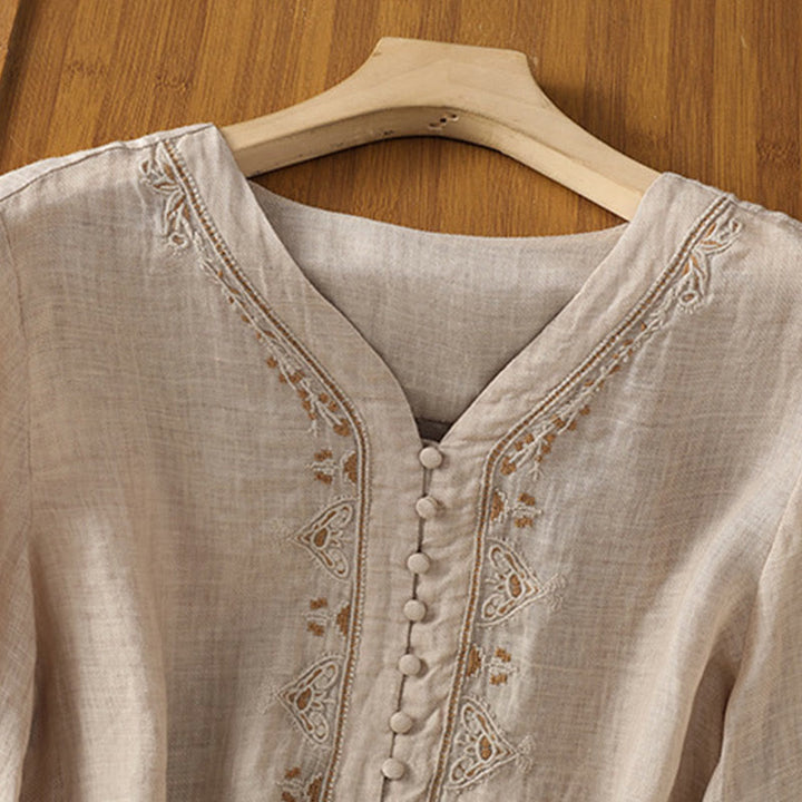 Chemise femme à col en V, broderie décontractée, à un bouton et manches courtes, ornée de Buddha Stones - image 21