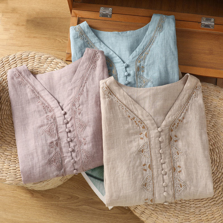 Chemise décontractée à simple boutonnage et col en V pour femme, en polyester, avec broderie Buddha Stones - image 29