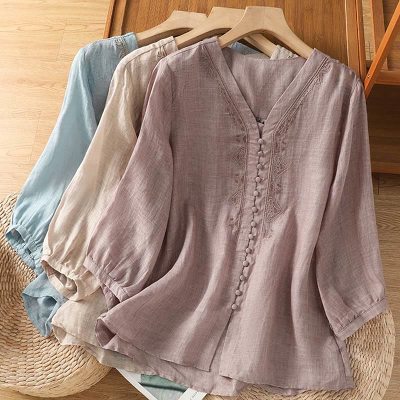 Chemise femme à col en V, broderie décontractée, à un bouton et manches courtes, ornée de Buddha Stones - image 28