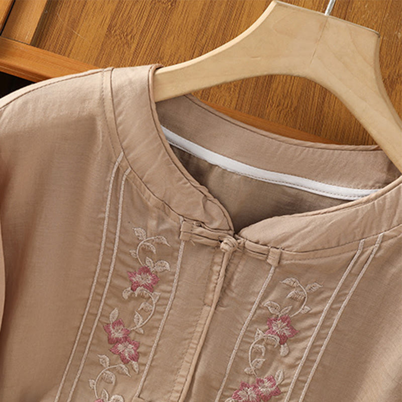 Chemise décontractée à manches mi-longues et col montant pour femme, en coton et polyester, avec broderie Buddha Stones et boutons grenouille - image 3