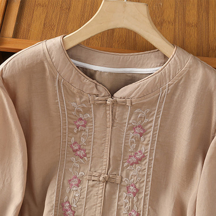 Chemise décontractée à manches mi-longues et col montant pour femme, en coton et polyester, avec broderie Buddha Stones et boutons grenouille - image 2