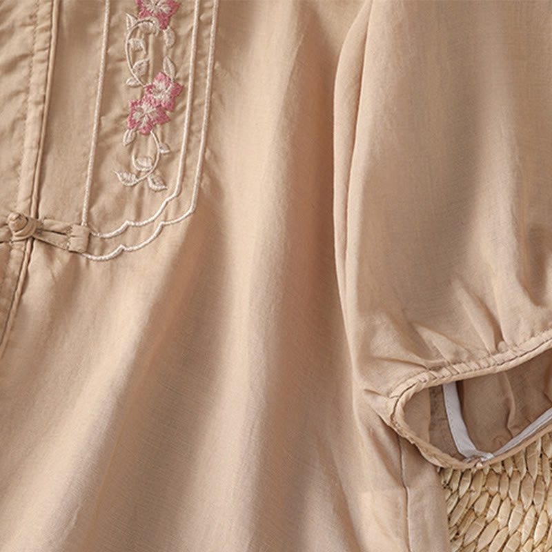 Chemise décontractée à manches mi-longues et col montant pour femme, en coton et polyester, avec broderie Buddha Stones et boutons grenouille - image 5