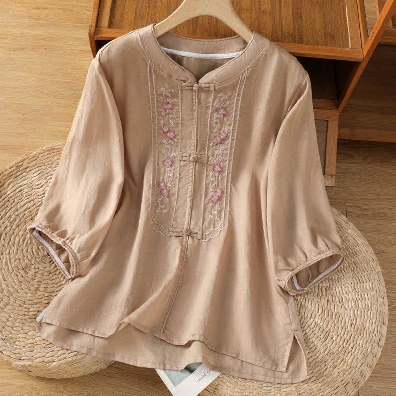 Chemise décontractée à manches mi-longues et col montant pour femme, en coton et polyester, avec broderie Buddha Stones et boutons grenouille - Puff aux pêches - US8-10，UK/AU12-14，EU40-42 (2XL) - image 1