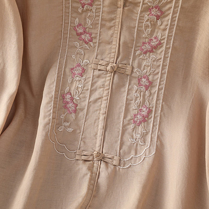 Chemise décontractée à manches mi-longues et col montant pour femme, en coton et polyester, avec broderie Buddha Stones et boutons grenouille - image 5