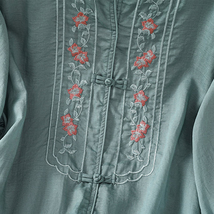 Chemise décontractée à manches mi-longues et col montant pour femme, en coton et polyester, avec broderie Buddha Stones et boutons grenouille - image 11