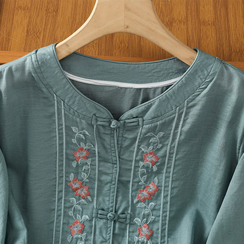 Chemise décontractée à manches mi-longues et col montant pour femme, en coton et polyester, avec broderie Buddha Stones et boutons grenouille - image 8