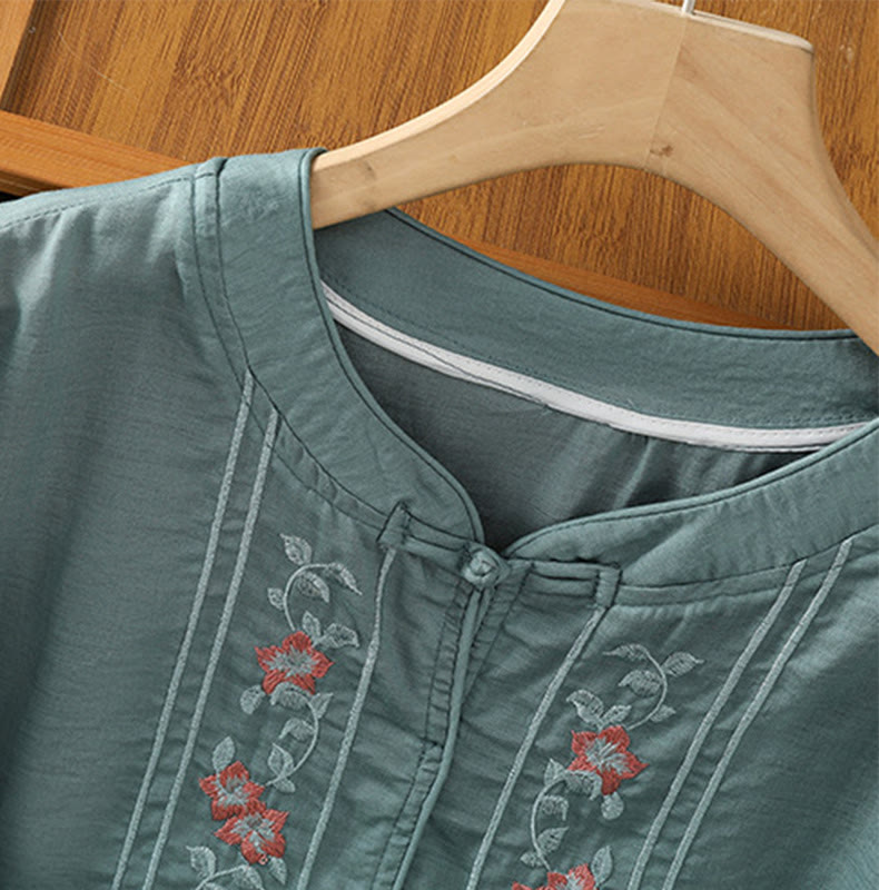 Chemise décontractée à manches mi-longues et col montant pour femme, en coton et polyester, avec broderie Buddha Stones et boutons grenouille - image 11