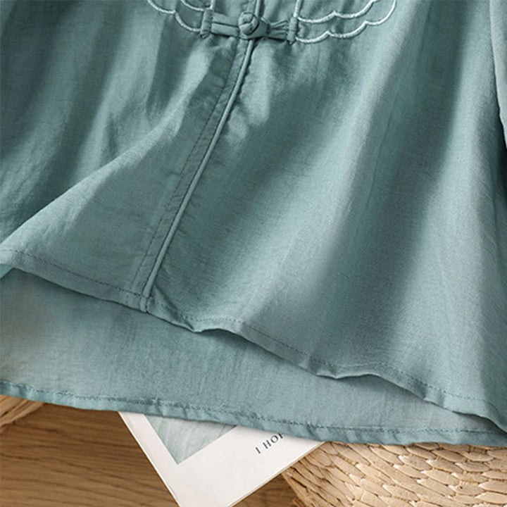 Chemise décontractée à manches mi-longues et col montant pour femme, en coton et polyester, avec broderie Buddha Stones et boutons grenouille - image 9