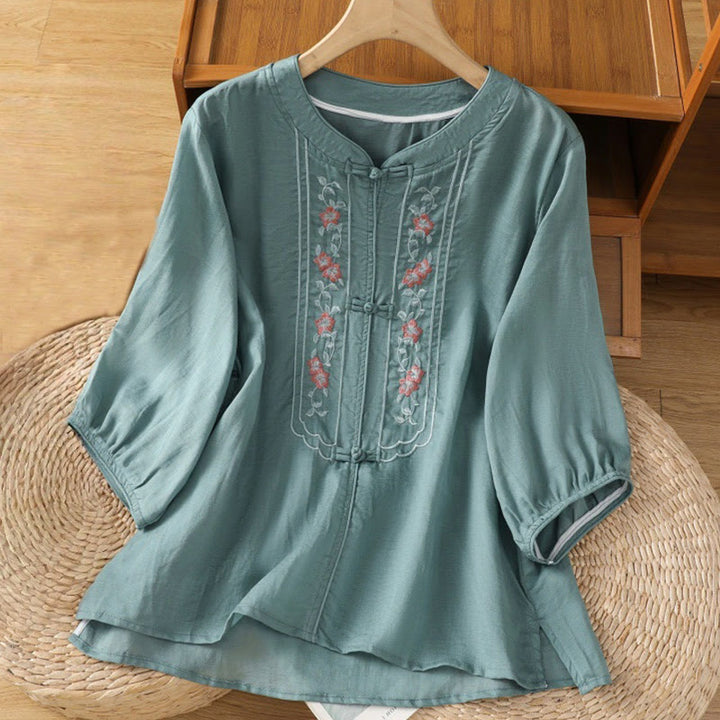 Chemise décontractée à manches mi-longues et col montant pour femme, en coton et polyester, avec broderie Buddha Stones et boutons grenouille - CadetBlue - US8-10，UK/AU12-14，EU40-42 (2XL) - image 7