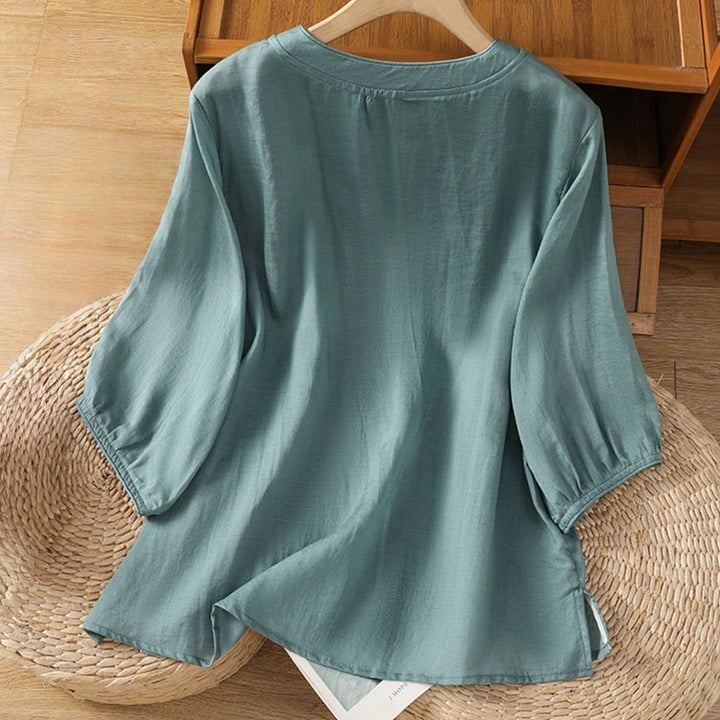 Chemise décontractée à manches mi-longues et col montant pour femme, en coton et polyester, avec broderie Buddha Stones et boutons grenouille - image 7