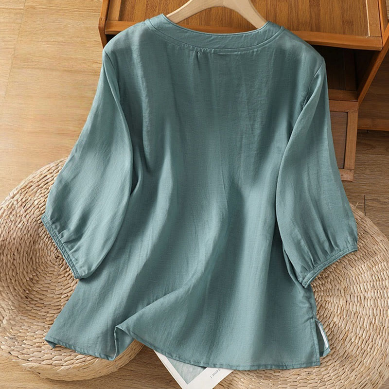 Chemise décontractée à manches mi-longues et col montant pour femme, en coton et polyester, avec broderie Buddha Stones et boutons grenouille - image 8