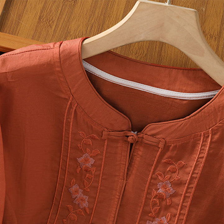 Chemise décontractée à manches mi-longues et col montant pour femme, en coton et polyester, avec broderie Buddha Stones et boutons grenouille - image 16