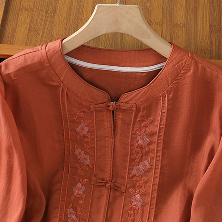Chemise décontractée à manches mi-longues et col montant pour femme, en coton et polyester, avec broderie Buddha Stones et boutons grenouille - image 15