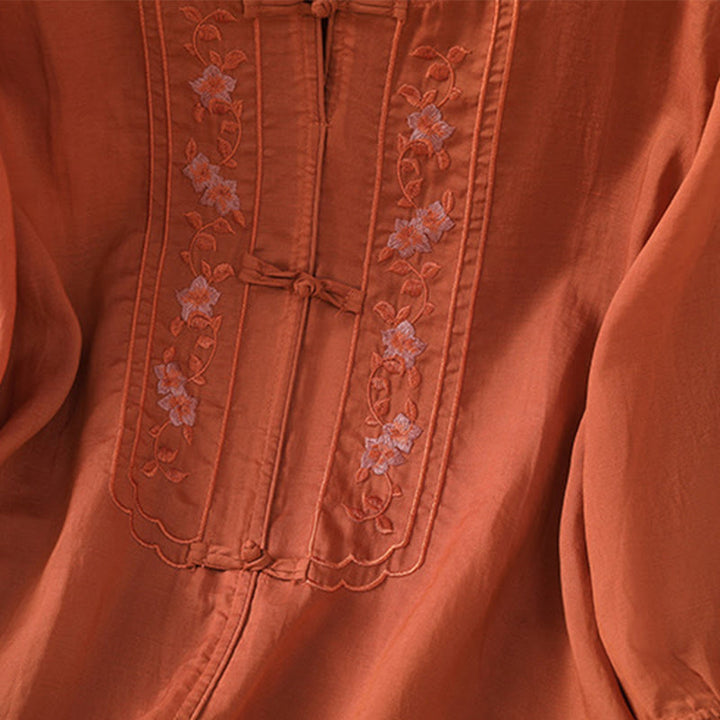 Chemise décontractée à manches mi-longues et col montant pour femme, en coton et polyester, avec broderie Buddha Stones et boutons grenouille - image 17