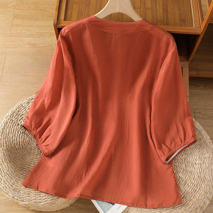 Chemise décontractée à manches mi-longues et col montant pour femme, en coton et polyester, avec broderie Buddha Stones et boutons grenouille - image 14