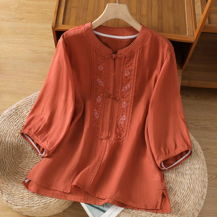 Chemise décontractée à manches mi-longues et col montant pour femme, en coton et polyester, avec broderie Buddha Stones et boutons grenouille - Tomate - US8-10，UK/AU12-14，EU40-42 (2XL) - image 12