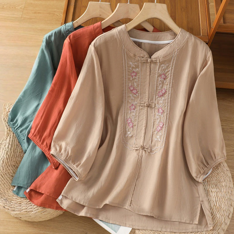 Chemise décontractée à manches mi-longues et col montant pour femme, en coton et polyester, avec broderie Buddha Stones et boutons grenouille - image 19