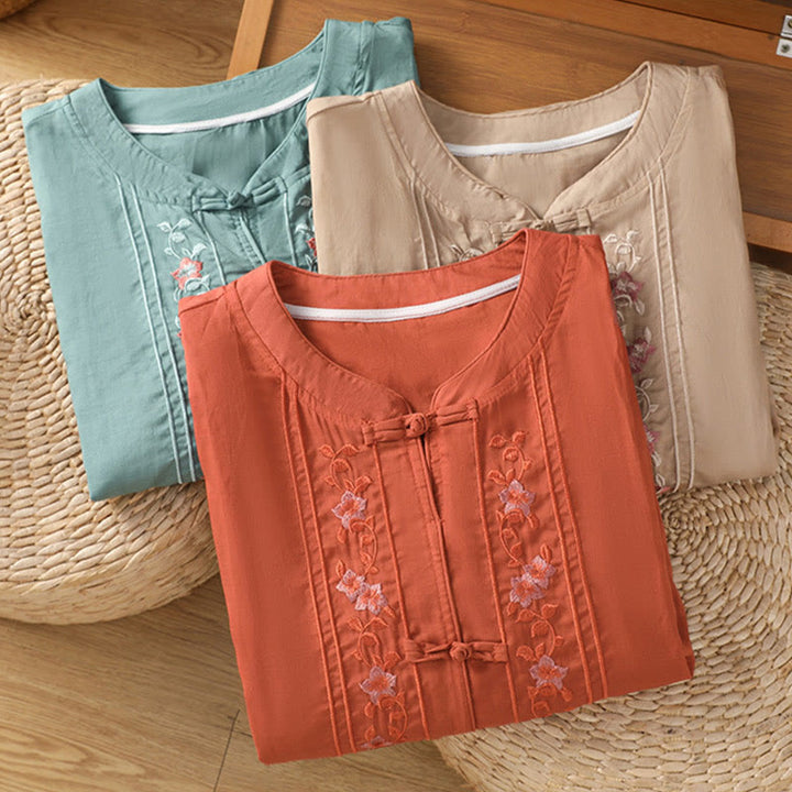 Chemise décontractée à manches mi-longues et col montant pour femme, en coton et polyester, avec broderie Buddha Stones et boutons grenouille - image 17