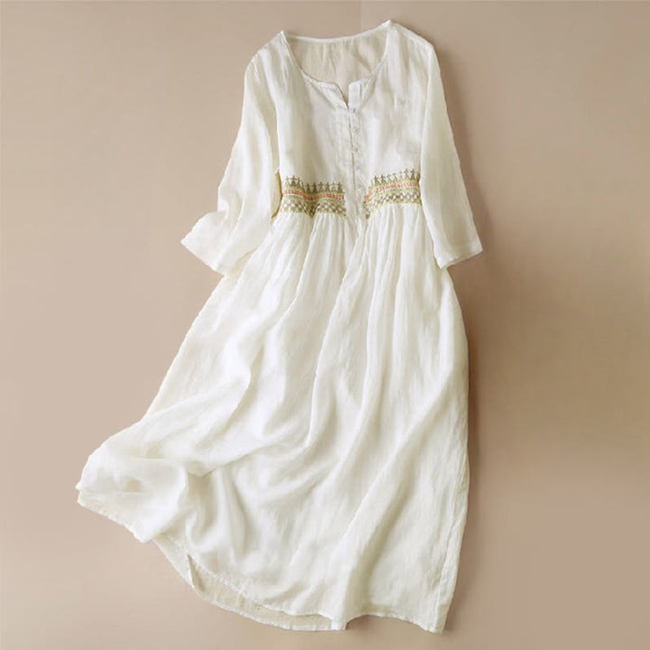 Robe mi-longue en coton à manches 9/4 et poches, broderie géométrique de Buddha Stones