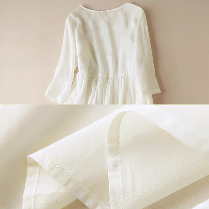 Robe mi-longue en coton à manches 9/4 et poches, broderie géométrique de Buddha Stones
