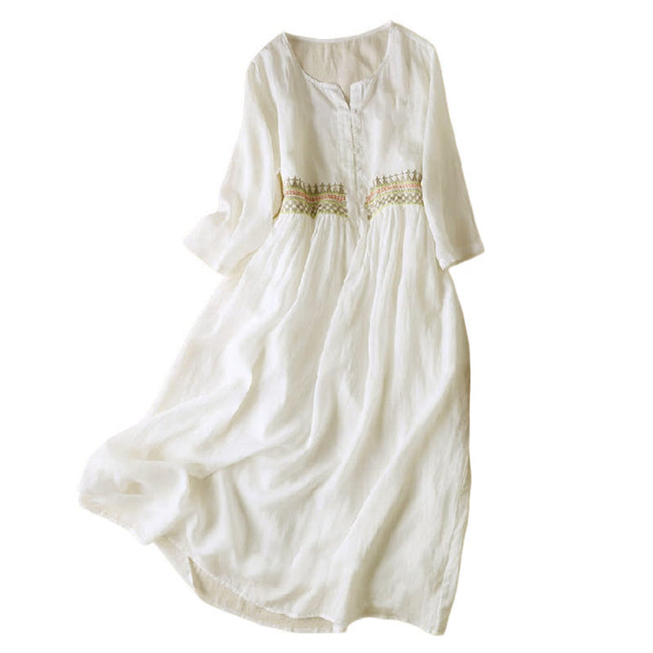 Robe mi-longue en coton à manches 9/4 et poches, broderie géométrique de Buddha Stones
