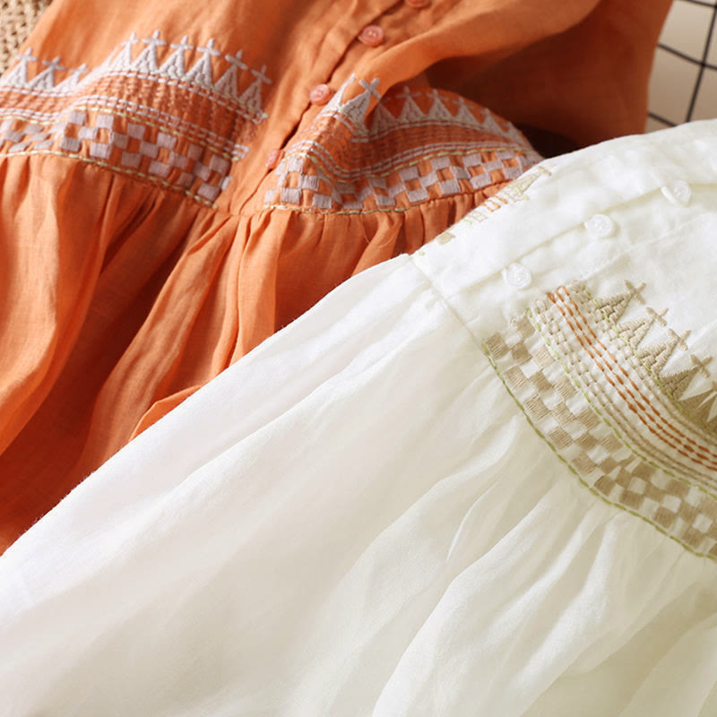 Robe mi-longue en coton à manches 9/4 et poches, broderie géométrique de Buddha Stones