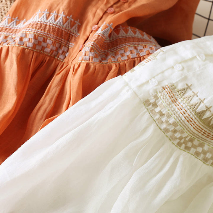 Robe mi-longue en coton à manches 9/4 et poches, broderie géométrique de Buddha Stones