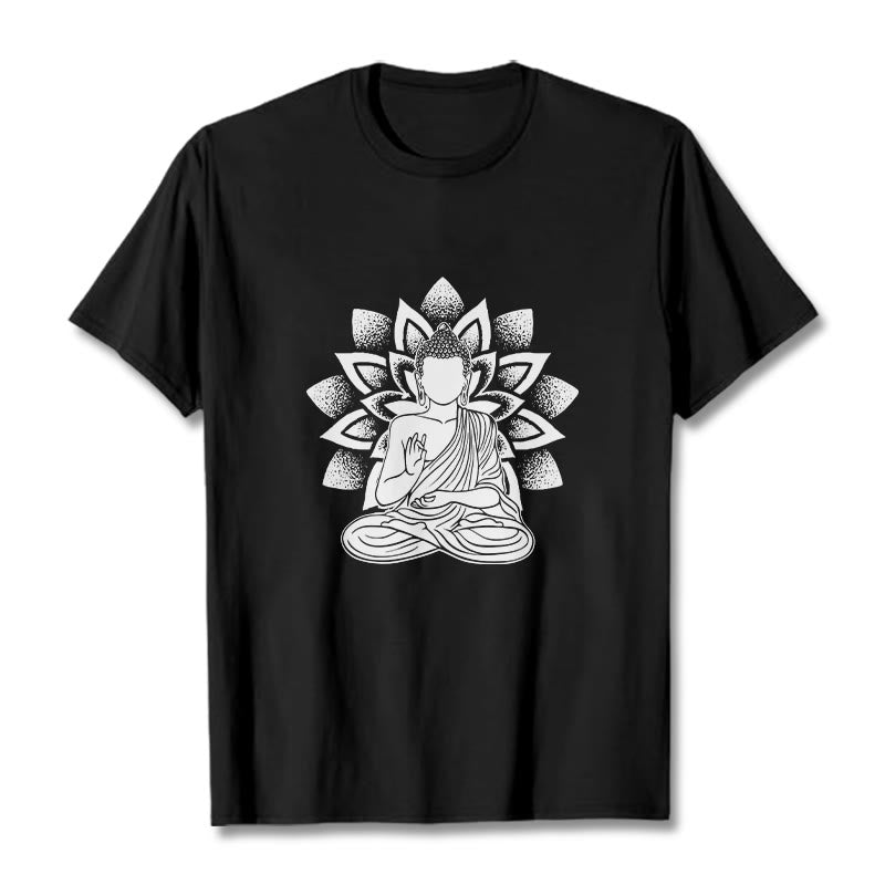 T-shirt à motif de fleurs de lotus et de Buddha Stones assis - Noir - 2XL - image 3