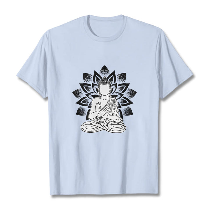 T-shirt à motif de fleurs de lotus et de Buddha Stones assis - Cyan clair - 2XL - image 18