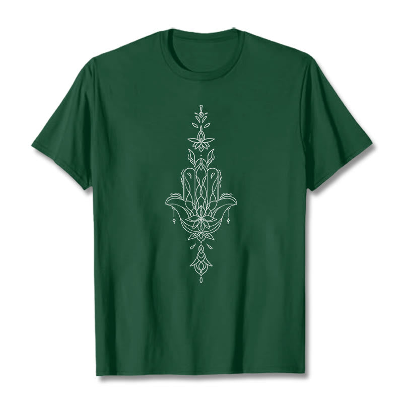 T-shirt à motif de fleur de lotus et de main de Fatima avec Buddha Stones - Vert forêt - 2XL - image 11