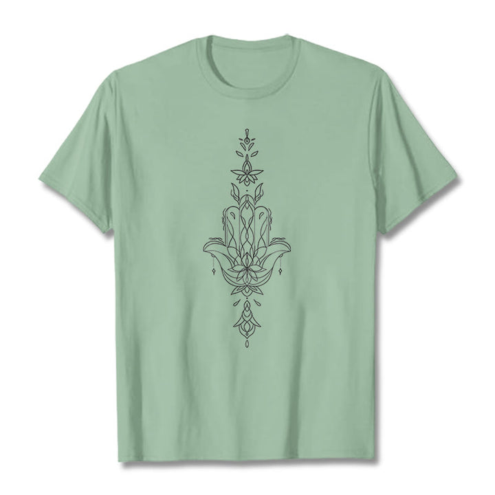 T-shirt à motif de fleur de lotus et de main de Fatima avec Buddha Stones - Vert pâle - 2XL - image 15