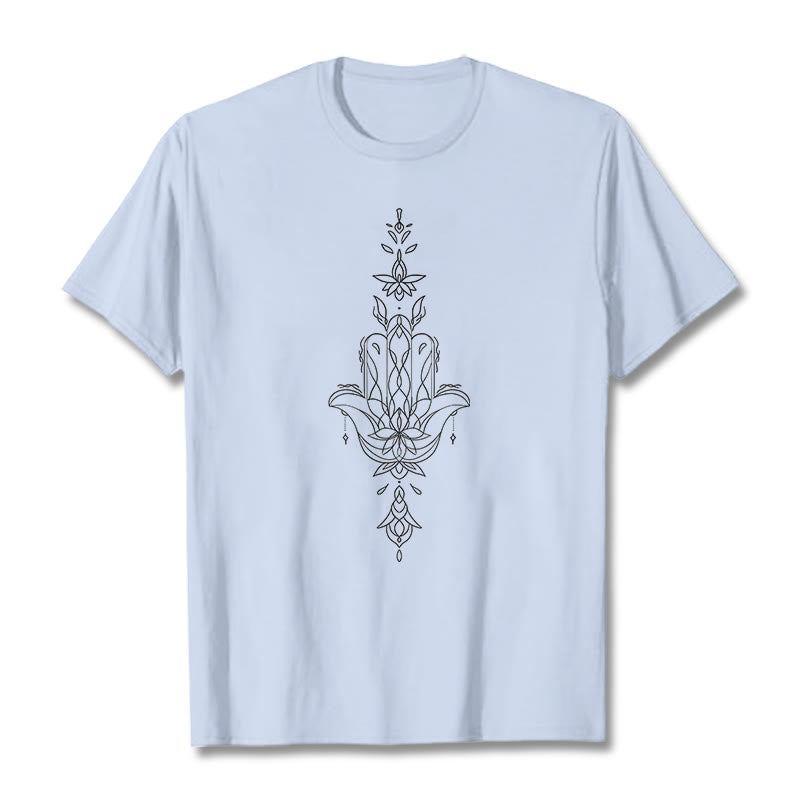 T-shirt à motif de fleur de lotus et de main de Fatima avec Buddha Stones - Cyan clair - 2XL - image 0