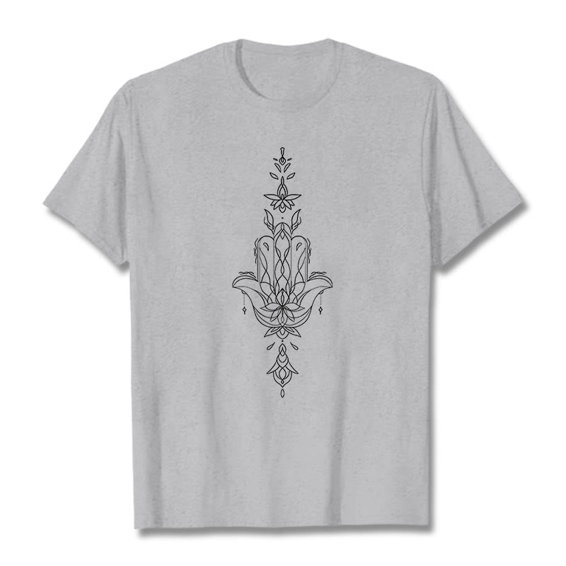 T-shirt à motif de fleur de lotus et de main de Fatima avec Buddha Stones - Gris clair - 2XL - image 19