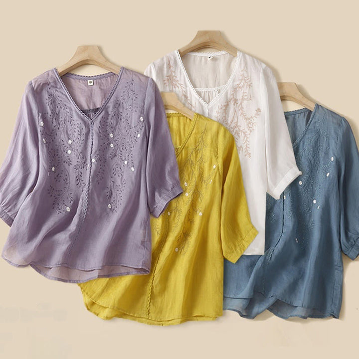 T-shirt d'été décontracté en coton et lin pour femme, motif brodé de branches de fleurs et de Buddha Stones , col en V, manches mi-longues