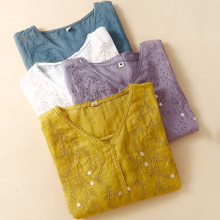 T-shirt d'été décontracté en coton et lin pour femme, motif brodé de branches de fleurs et de Buddha Stones , col en V, manches mi-longues