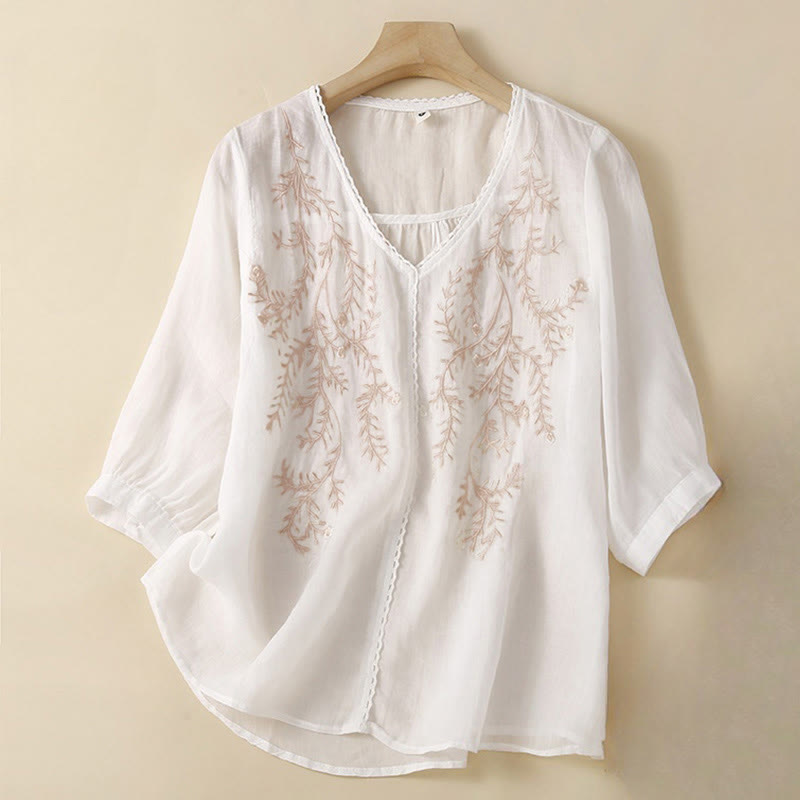T-shirt d'été décontracté en coton et lin pour femme, motif brodé de branches de fleurs et de Buddha Stones , col en V, manches mi-longues