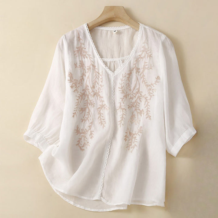 T-shirt d'été décontracté en coton et lin pour femme, motif brodé de branches de fleurs et de Buddha Stones , col en V, manches mi-longues